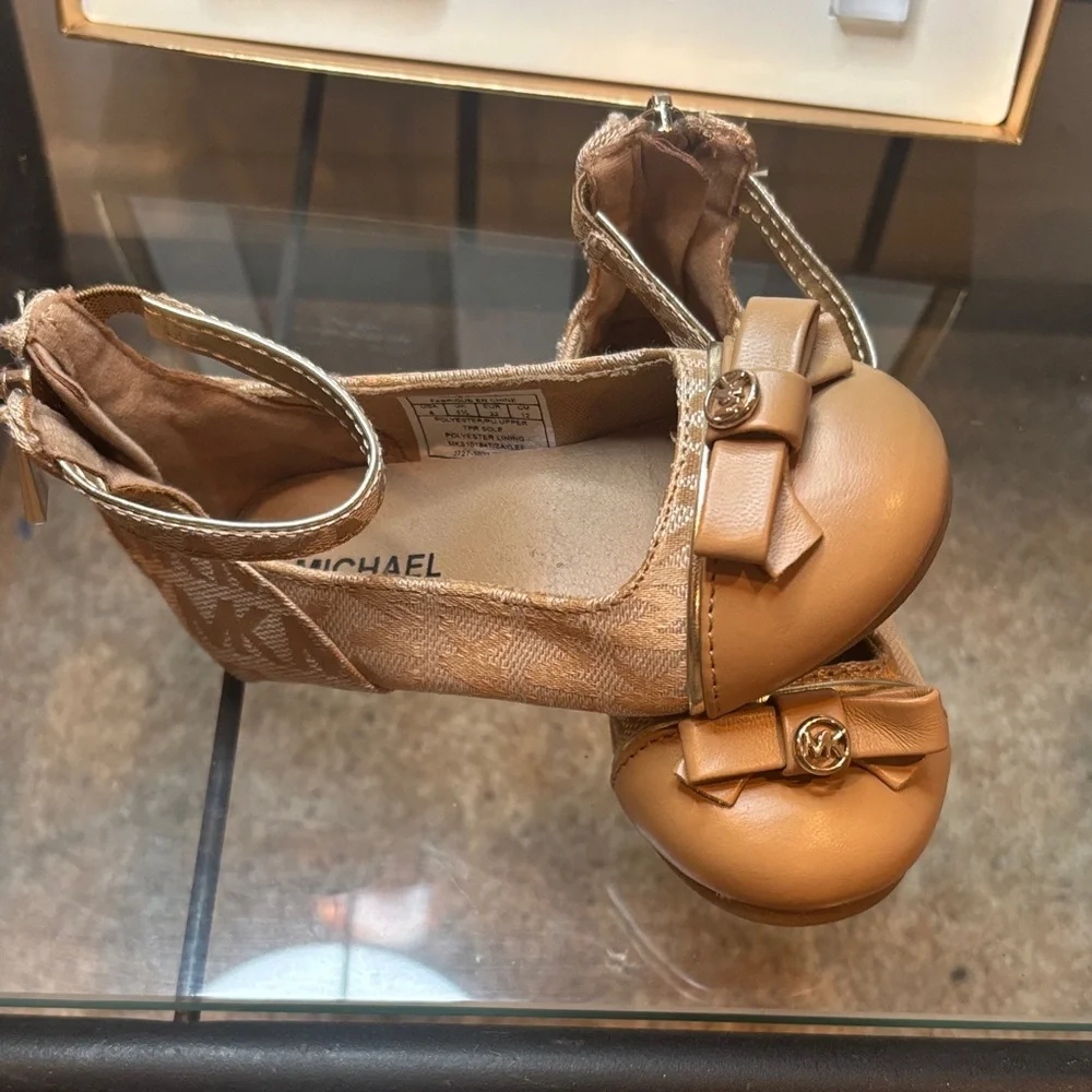 Michael Kors Gold and Tan Bow Accent Flats